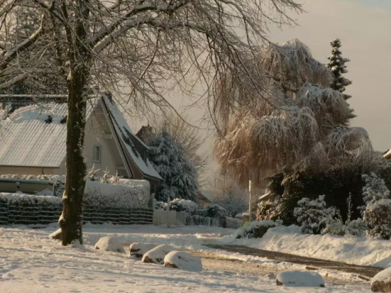 Verschneite Winterlandschaft mit Haus und Bäumen (Symbolbild)